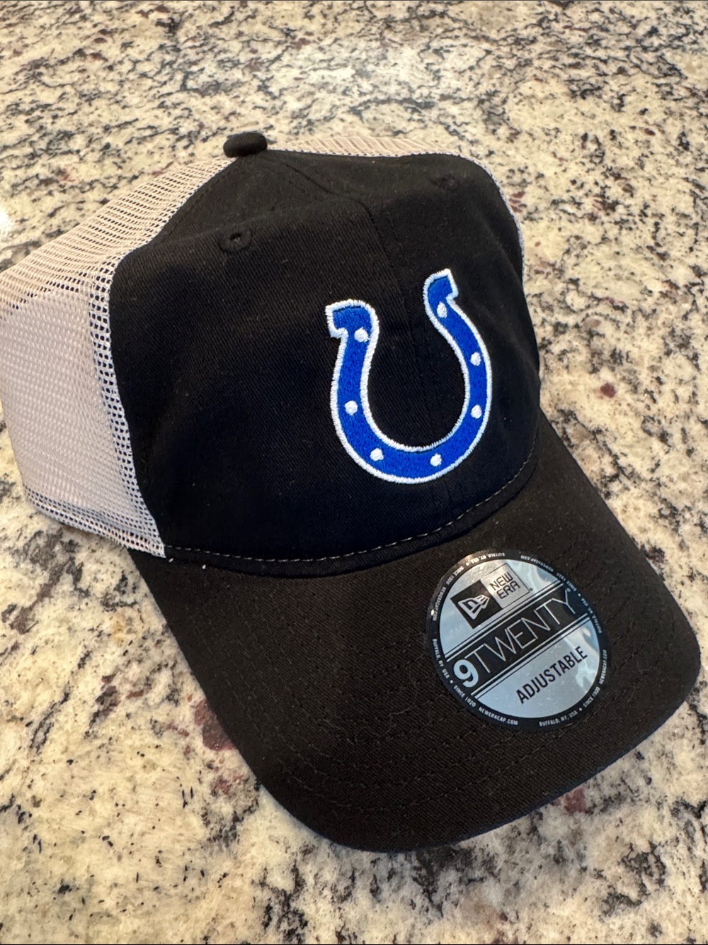 New Era Women’s Black and Cream Trucker Hat with Blue Colts Patch